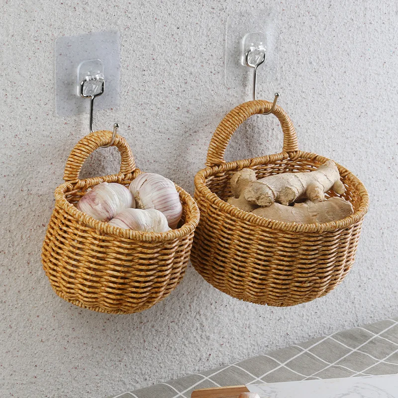 Imitation Rattan Woven Ginger And Garlic Egg Wall Hanging Storage Basket Bathroom Wall Hanging Basket