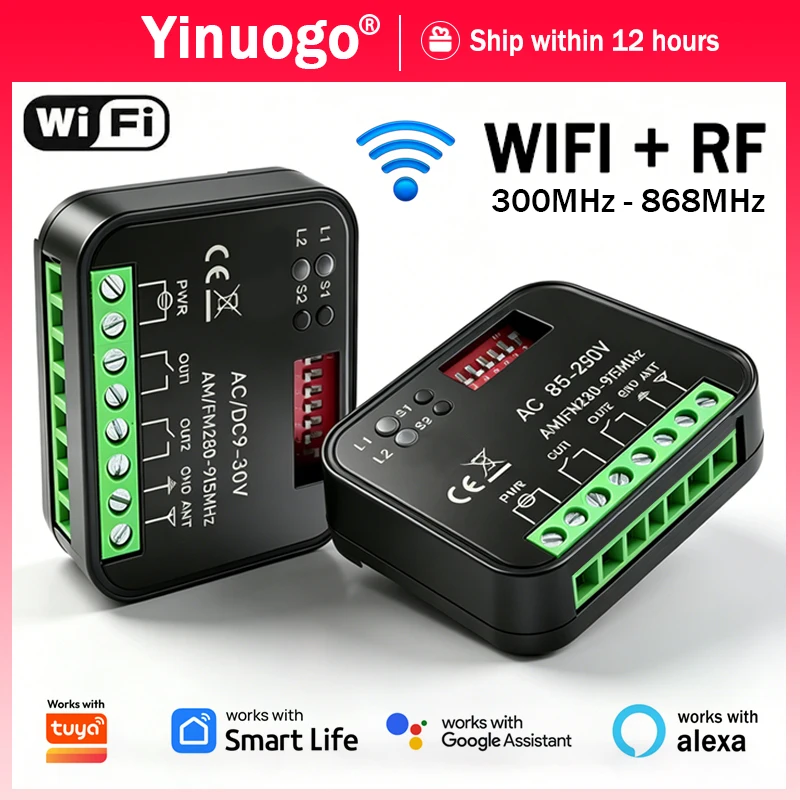 New 868MHz 433MHz Universal Garage / Gate Remote Control Receiver Works With Tuya 300-868MHz Wifi Smart Switch Module 2CH Relay