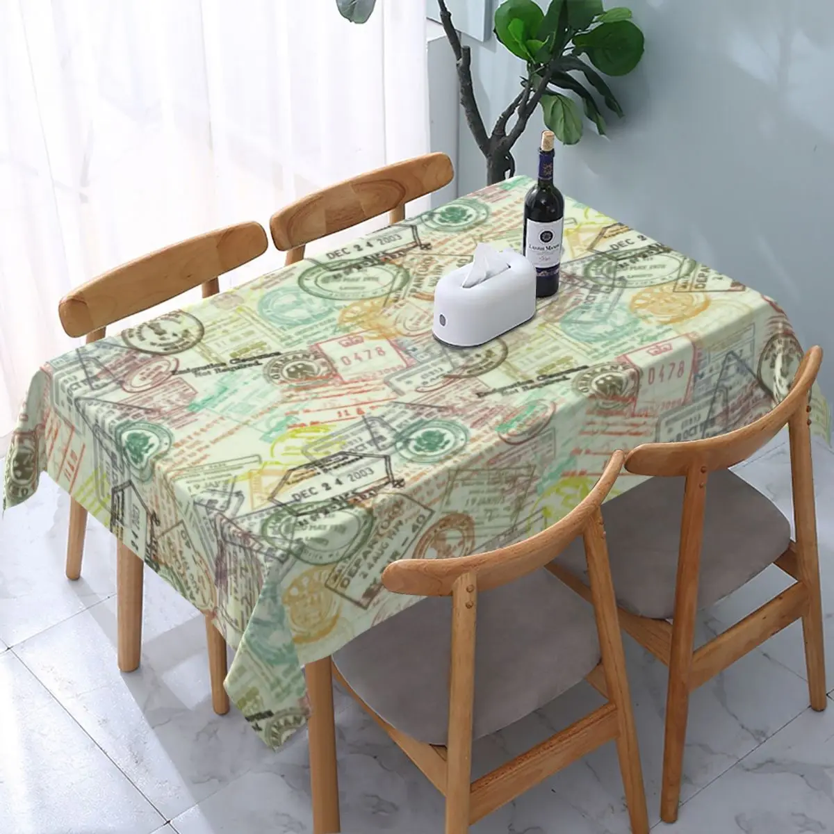 Passport Stamps Pattern Tablecloth Rectangular Elastic Oilproof Souvenir Table Cover Cloth for Party