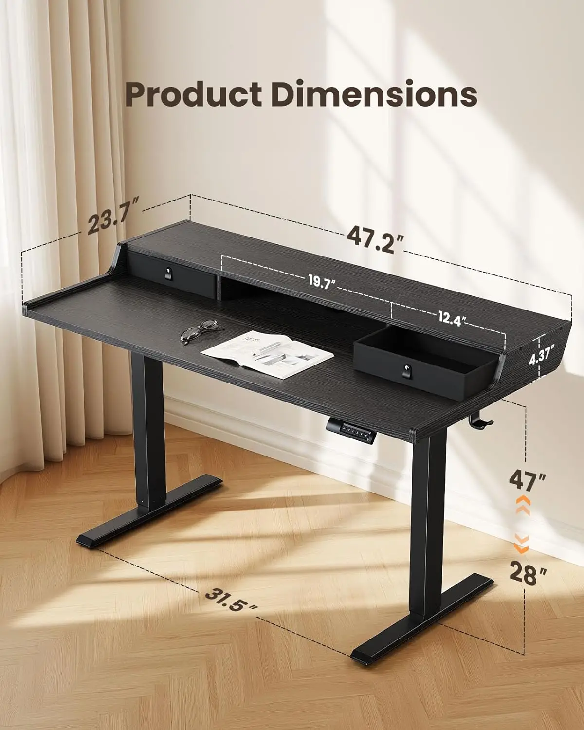 Electric Standing Desk with Drawers, 48″ x 24″ Gaming Desk with Monitor Stand, C-Clamp Mount Compatible, Home Office Height