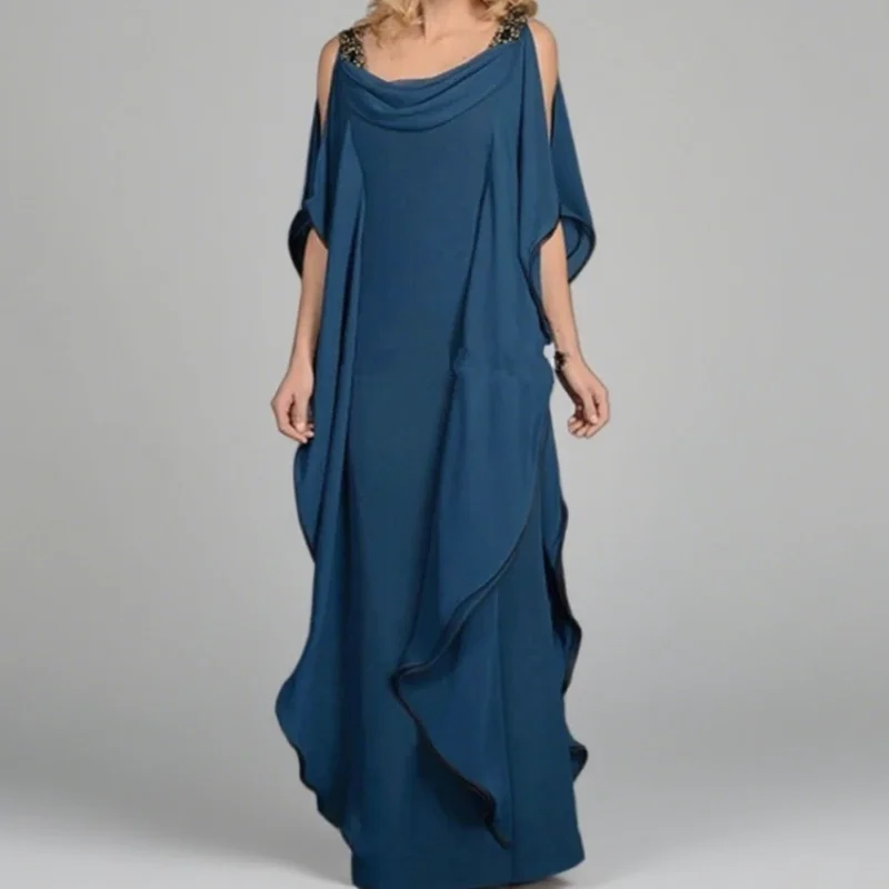 

Jewel Neck Cowl Back Tiered Wedding Party Gowns Floor Length On Sale Latest Elegant Sleeveless Mother of the Bride Dresses