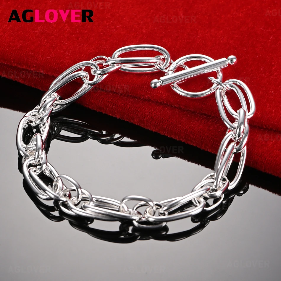 

AGLOVER 925 Sterling Silver Smooth Double Lock TO Clasp Bracelet Women Fashion Wedding Party Jewelry