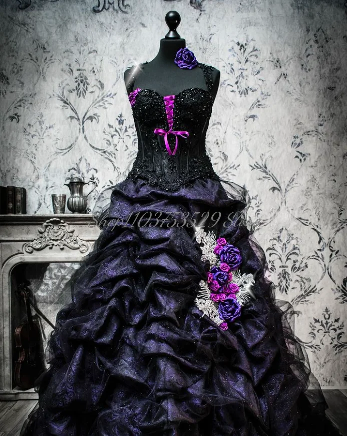 Fantasy Victorian Black Purple Vintage Prom Gowns Glitter Beaded Applique Cubic Floral Pleated Lace Tulle Role Play Theatre Gown