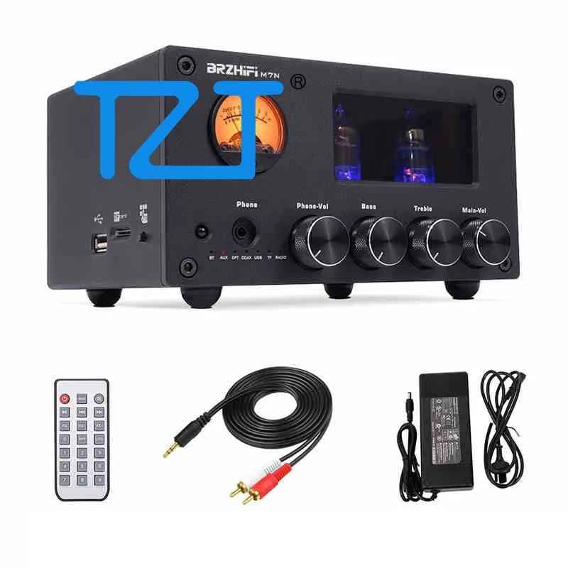 TZT BRZHIFI M7N 100W Amplifier Daya Stereo Bluetooth Multifungsi 2x6J1 Amplifier Tabung Elektronik Retro VU Meter