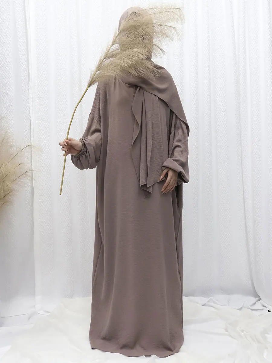 Dubai Turkish Woman Long Dresses With Hijab Solid Loose Batwing Bundled Sleeve Abayas Muslim Islamic Arab Kebaya Robe Fashion