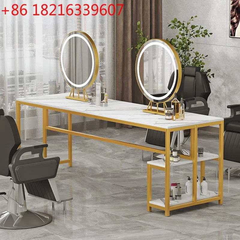 Commercial marble double-layer haircut mirror table Hair  mirror single-sided lighted dressing table
