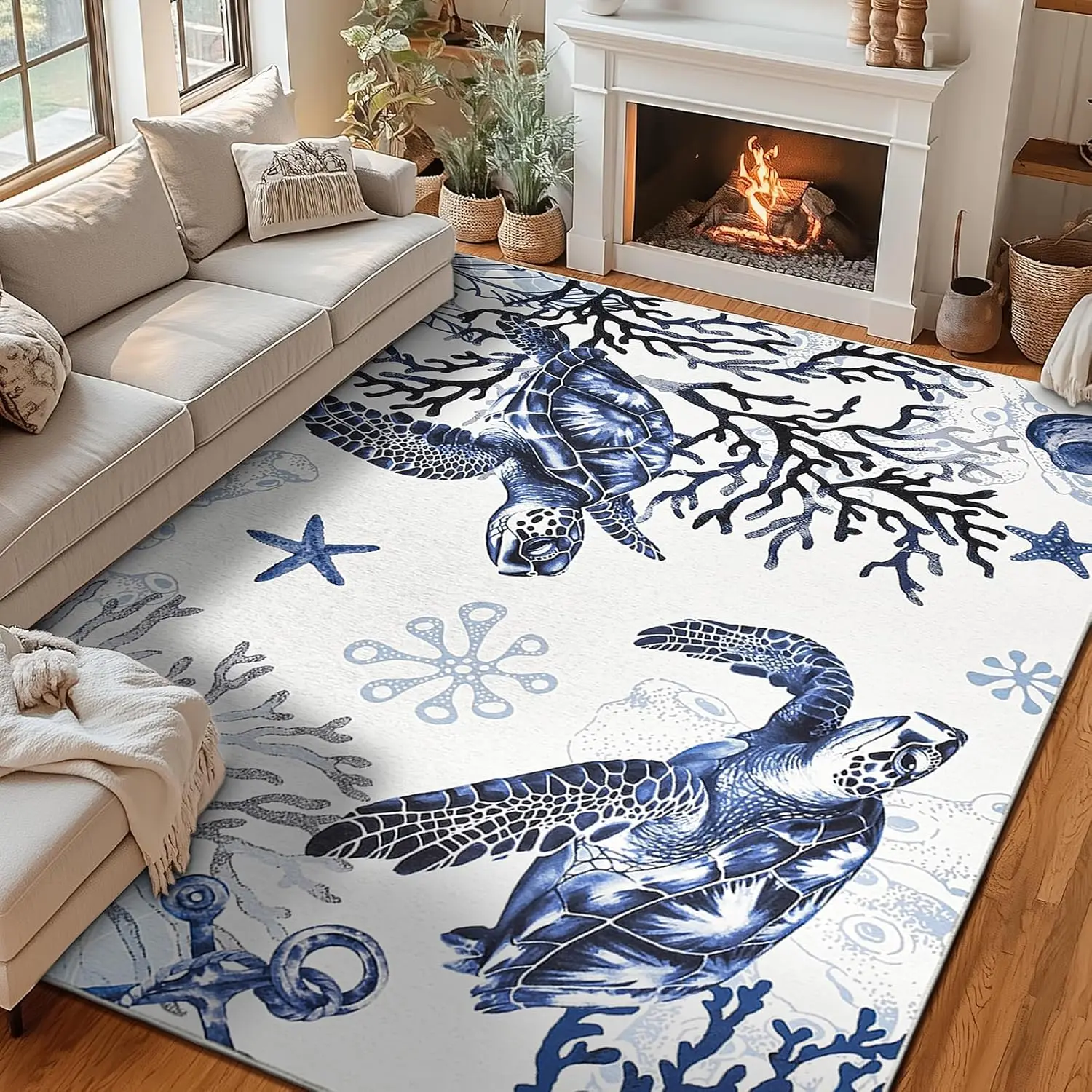 

Nautical Blue White Sea Turtle Starfish Coral Rug Coastal Theme Area Carpet for Modern Home