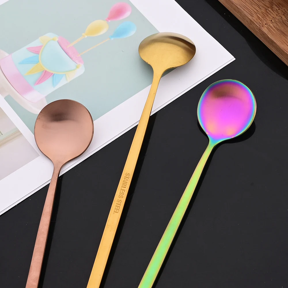 6Pcs Matte Black Long Hangdle Spoon For Stirring Drink Steainless Steel Gold Dinnerware Tableware Cutlery Ice Cream Spoon Set