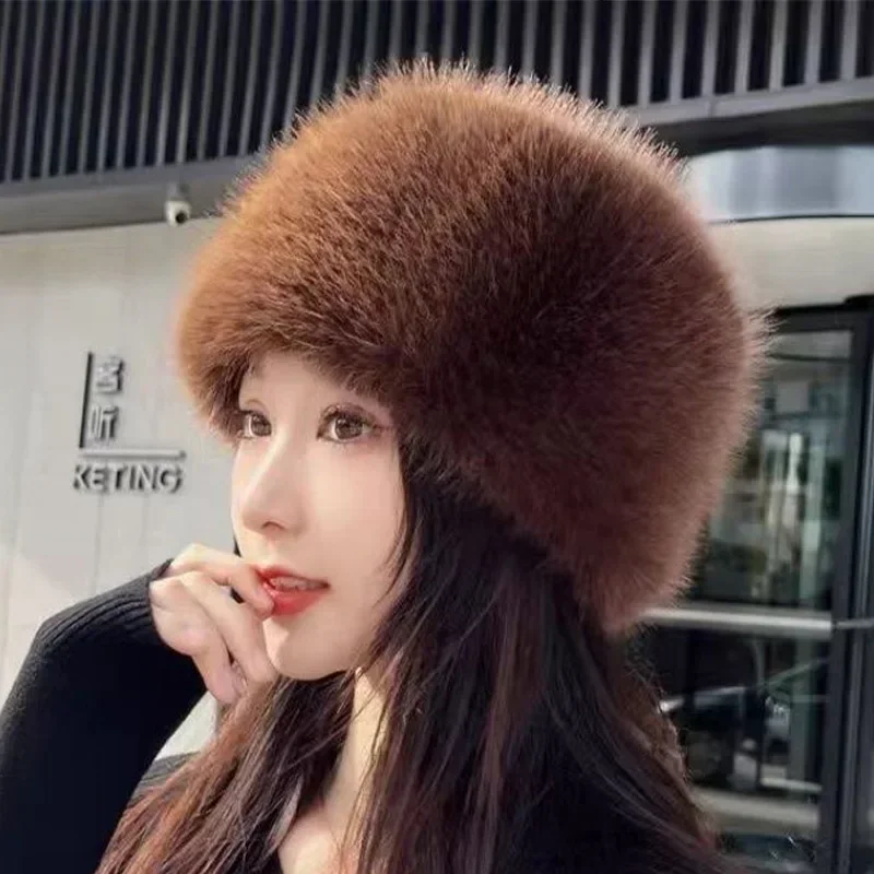 Fox Fur Bucket Hat Winter Women Warm Windproof Brimless Hat Thickened Ear Protection Dome Hat Outdoor Ski Snow Earwarmer Beanies