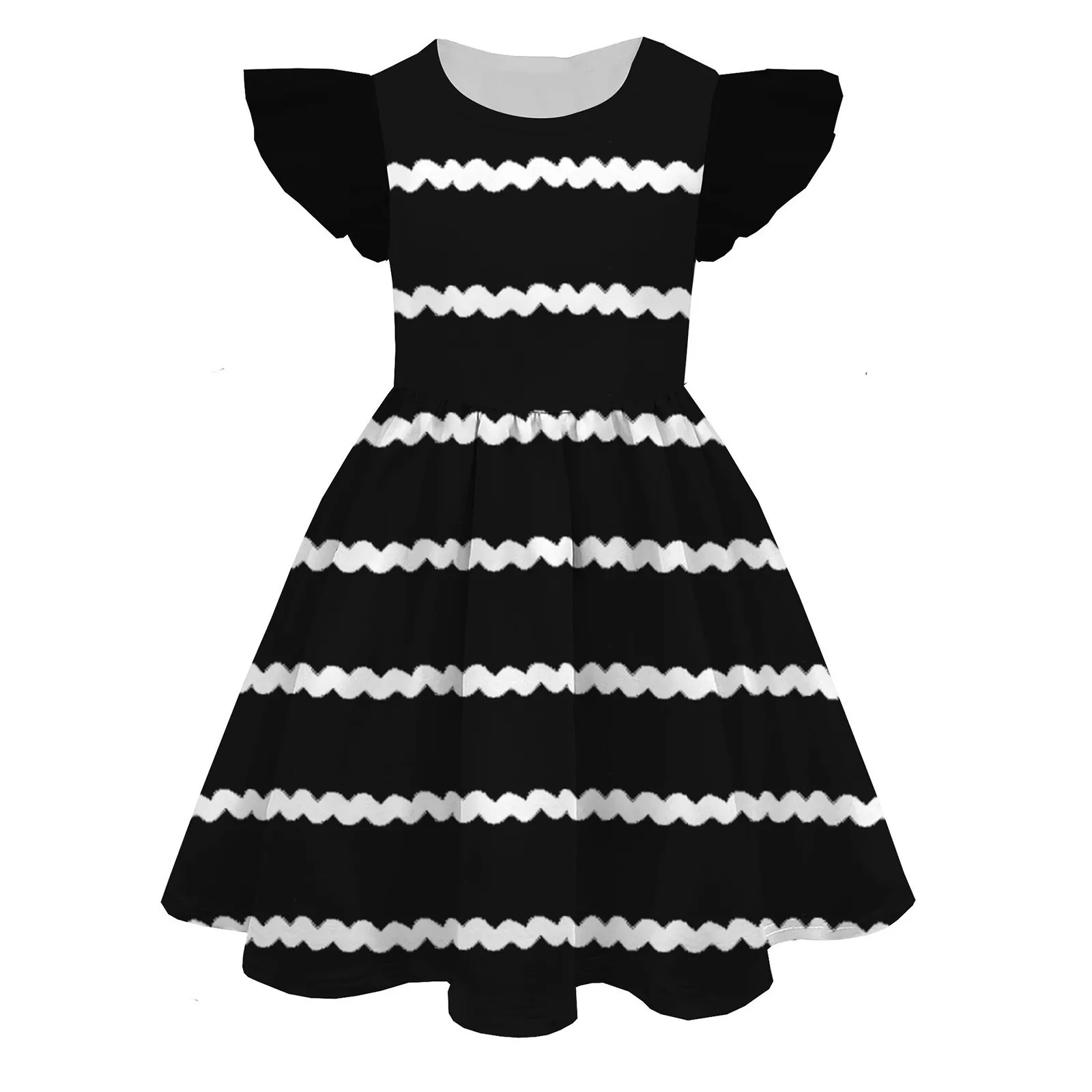 Children's Summer Dresses 7-14 Years Kids Girls Summer Striped Print Cute Personality Princess Dress Fly Sleeve Beach Sundress