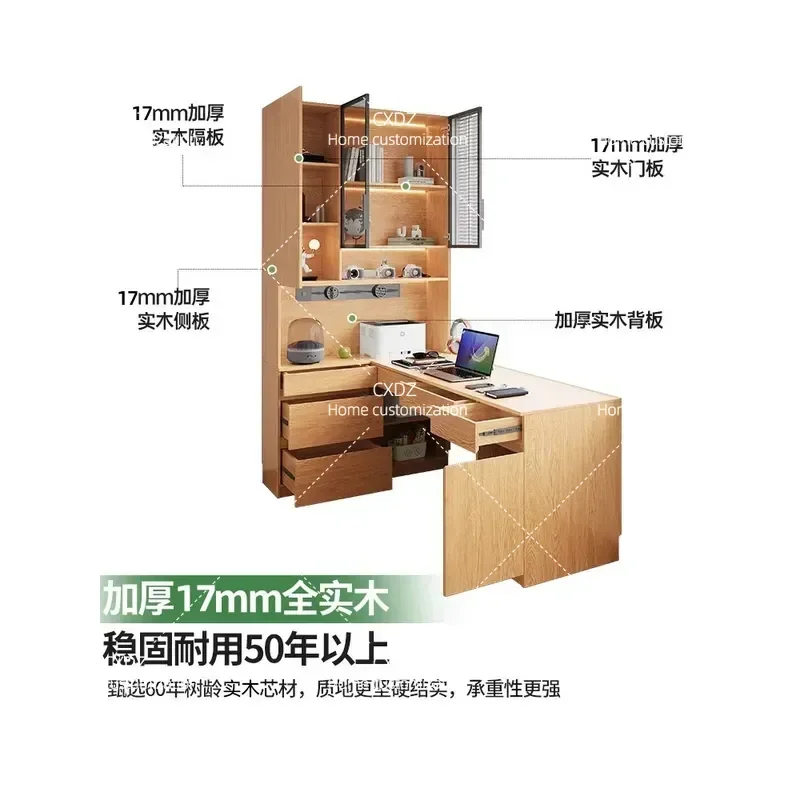 Solid Wood Desk with Bookshelf Integrated Computer Table for Small Apartment Bedroom Home Student Study Writing Workstation