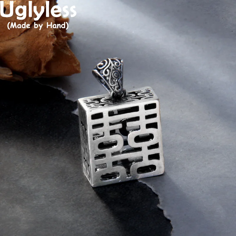 Uglyless 3D 6 Sides Standing Double XI Pendants Women Hollow Square Cube Necklaces China Chic Gifts Jewelry 925 Silver NO Chains