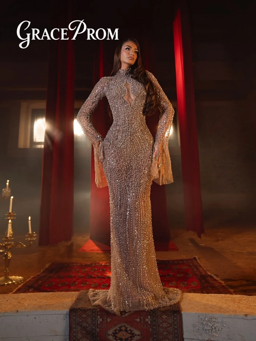 

GraceProm High Neck Bell Sleeve Evening Dress 2026 Exquisite Beaded Mermaid Gown Elegant Floor-Length Prom Gown robes de soirée