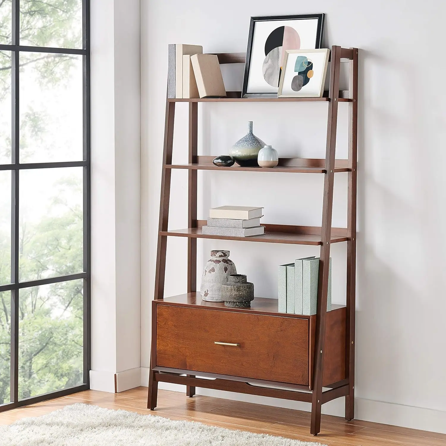 Landon Large Bookshelf Etagere, Bookcase Storage with Shelves and File Drawer, Mahogany