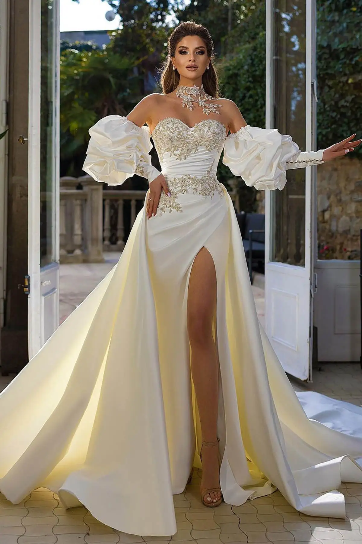 Exquisite Mermaid Wedding Dresses Lantern Sleeve Appliques Lace Side Slit Bridal Gown Sweep Train Vestido De Noiva Customized