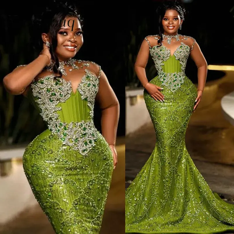 Apple Green Aso Ebi Style Mermaid Prom Dresses African Sheer Long Sleeves Plus Size Crystals Beaded Wedding Evening Party Gowns