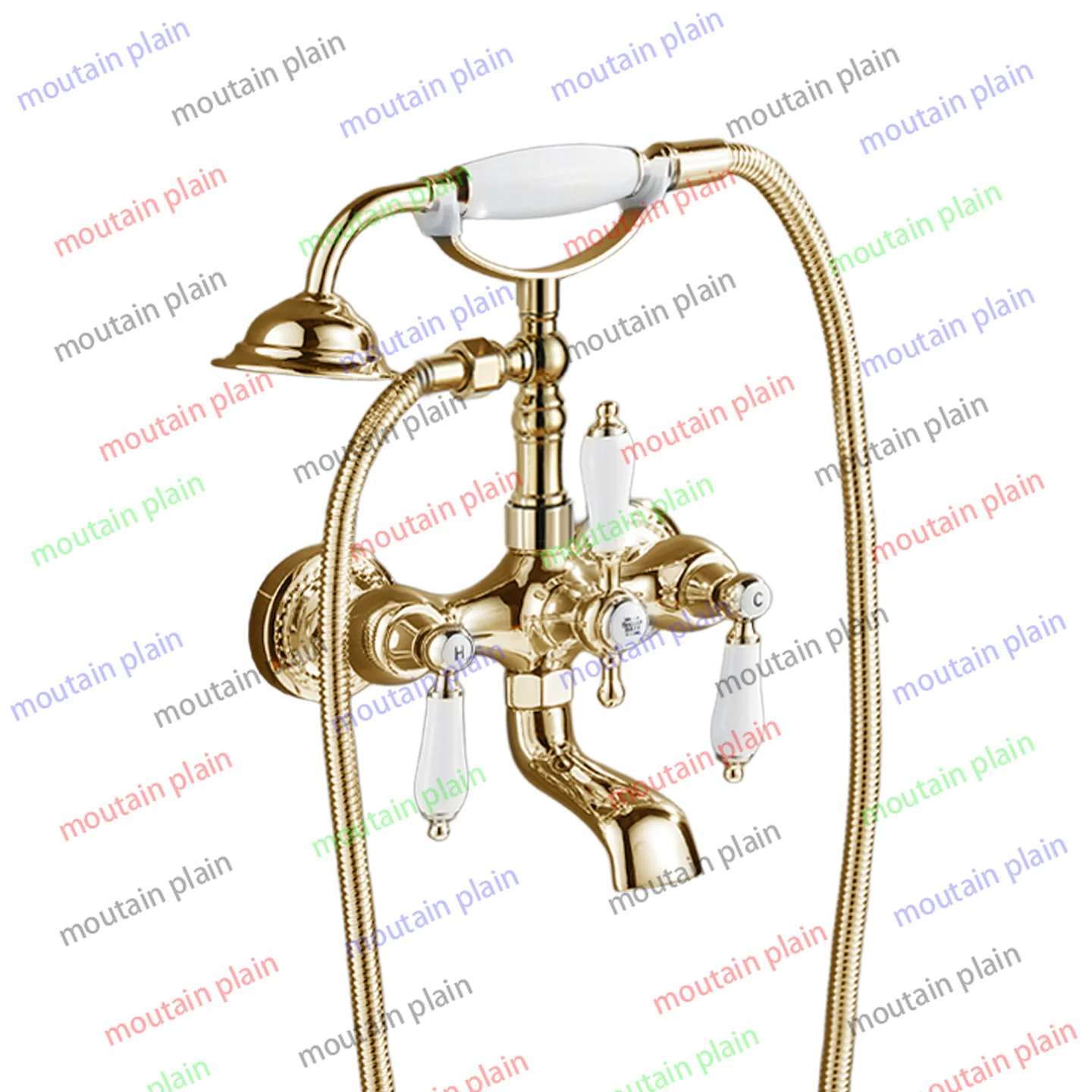 

French Vintage Copper Gold Bath Faucet Shower Shower Set Double Handle Telephone Hot and Cold Faucet