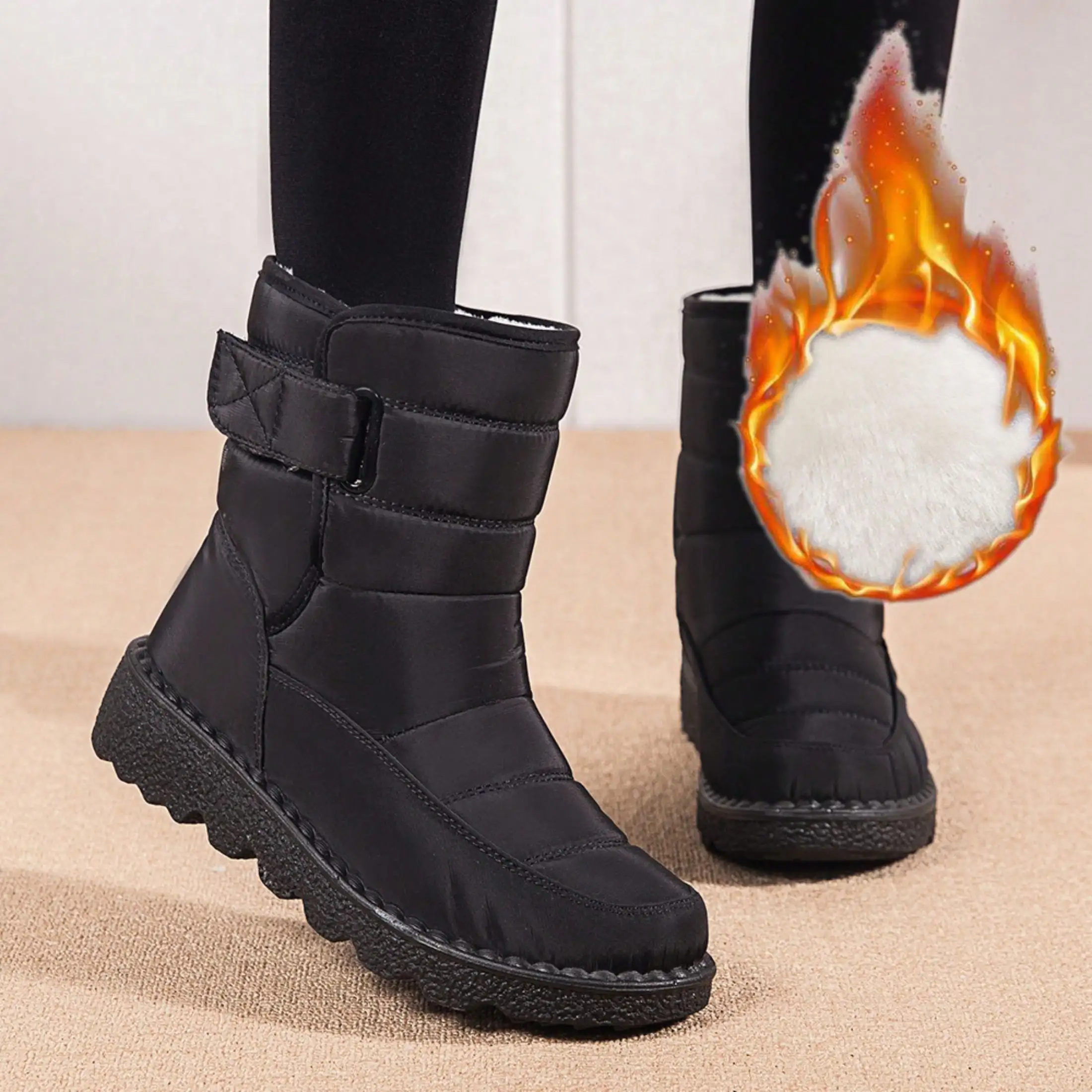 Winter Warm Walking Footwear For Women Waterproof Puffy Nylon Hook And Loop Adjustable Strap Fleece Fuzzy Lined Ankle Snow Boots Memory Foam Shoes