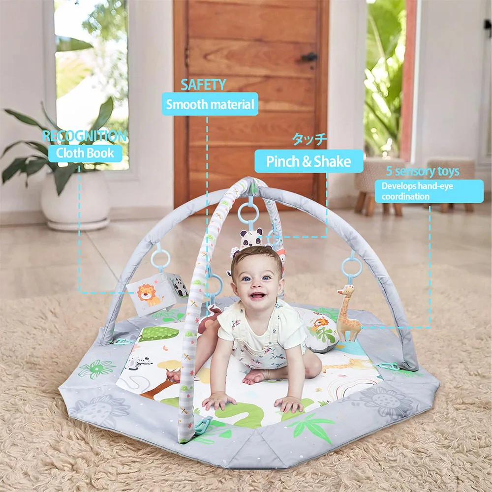 Baby Gym Play Mat, 8-In-1 Tummy Time Mat & กิจกรรมยิม, ล้างทําความสะอาดได้เด็กกิจกรรม Play Mat 5 ของเล่น, ทารก Play Mat