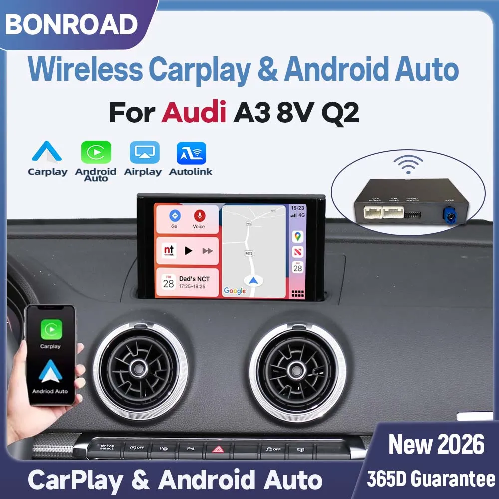 Moduł BONROAD Android Auto Wireless CarPlay do Audi MIB A3 8V Q2 2013-2020 z AirPlay Mirror Link, Bluetooth, nawigacją GPS i obsługą funkcji kamery cofania.