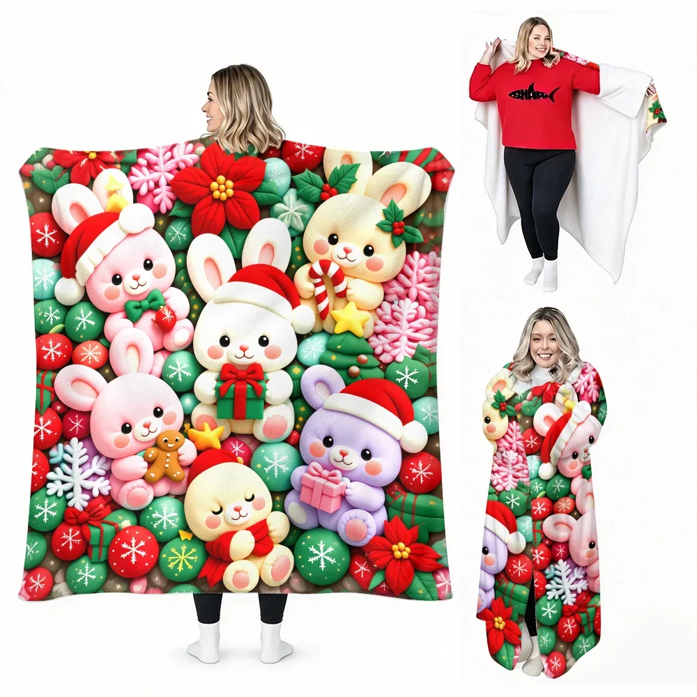 1pc Christmas Bunny Print Wearable Blanket-Soft and fluffy. Perfect for cozy breaks, gifts, and everyday comfort.