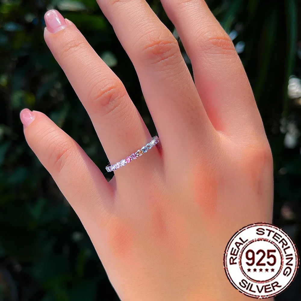 QooLady 925 Sterling Silve Dainty Sparkling Multicolor Zircon Stackable Rainbow Rings for Women Trendy Fine Jewelry SR114