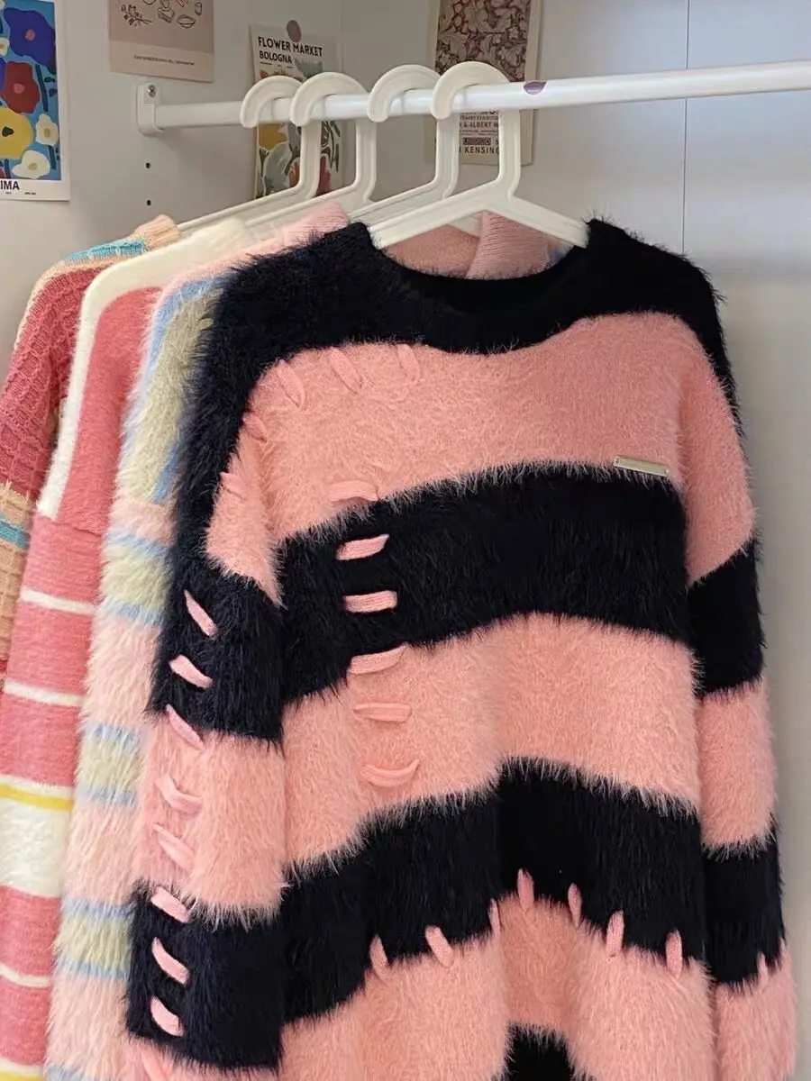 

Женский вязаный пуловер в розовую полоску, свитер из меха норки с перьями и рюшами, мягкая корейская новая зимняя популярная офисная одежда