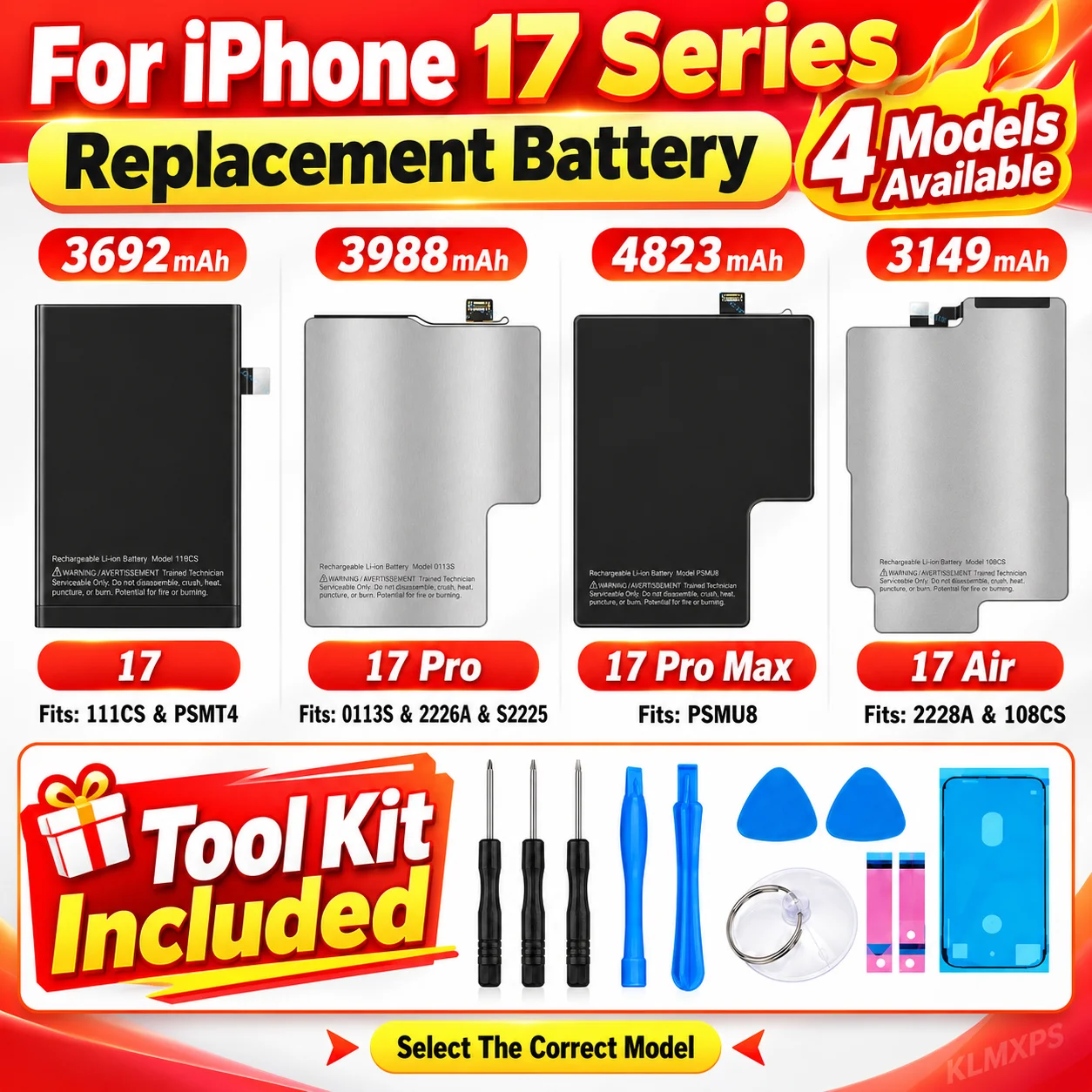 3692mAh 3988mAh 4823mAh 3149mAh Replacement Battery for iPhone 17 Series Pro Max Air with Phone Repair Tool Kit