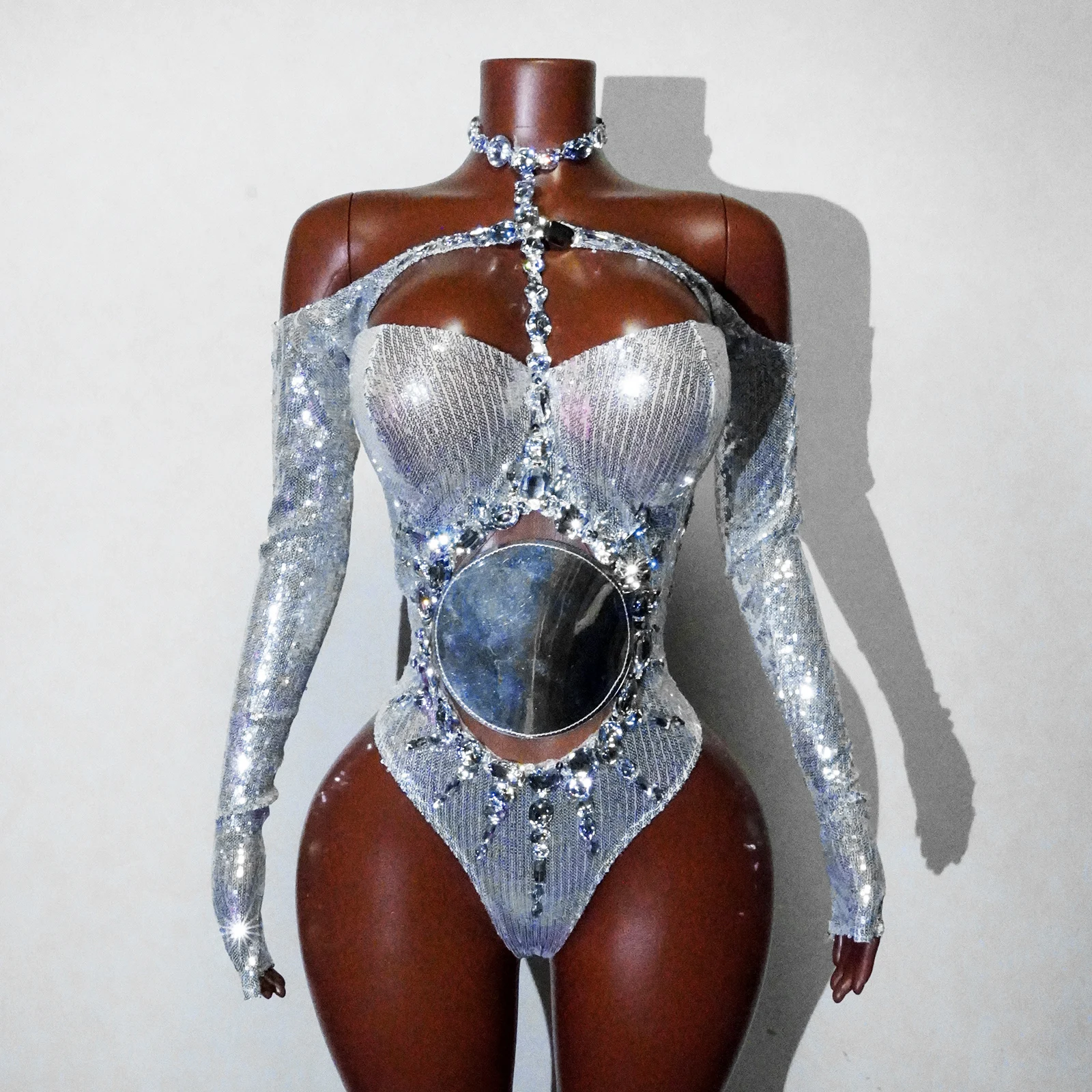 

Sexy Two-piece Suit Sparkly Sequins Rhinestone Mirrors Bodysuit Bar Nightclub Stage Dance Costume Halloween Performance Rave