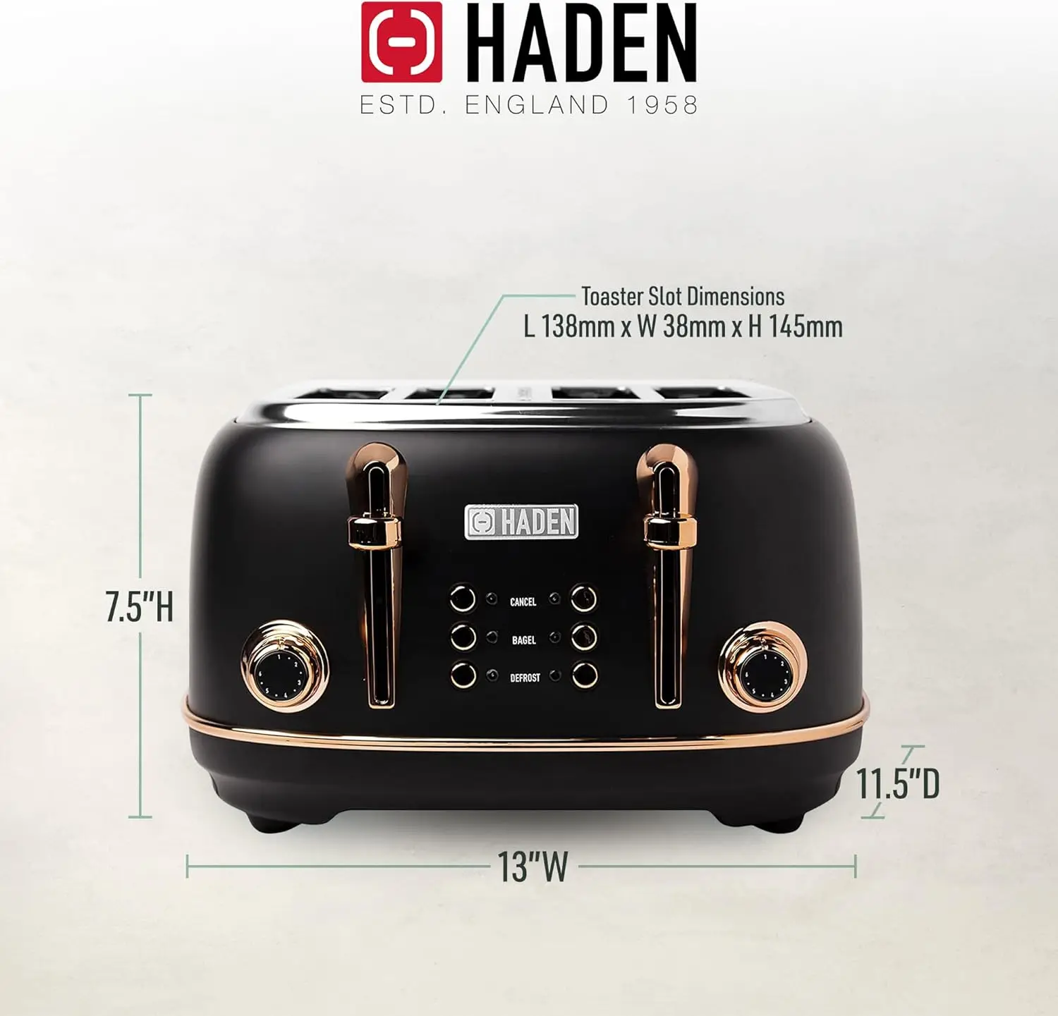 محمصة من الفولاذ المقاوم للصدأ بفتحة واسعة تراثية ، 4 شرائح ، تحكم بني قابل للتعديل ، أقدام مانعة للإنزلاق ، أسود ونحاسي