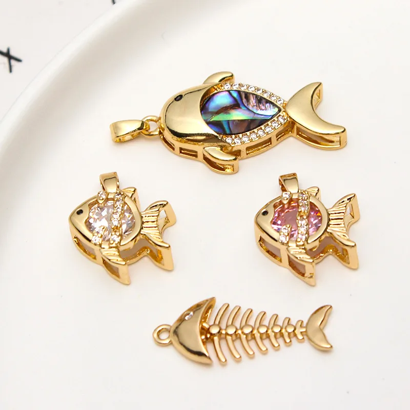 1pcs Copper Inlaid Zircon Shell Whale Fish Bone Small Goldfish Pendant Diy Jewelry Earrings Necklace Accessories Material Charms