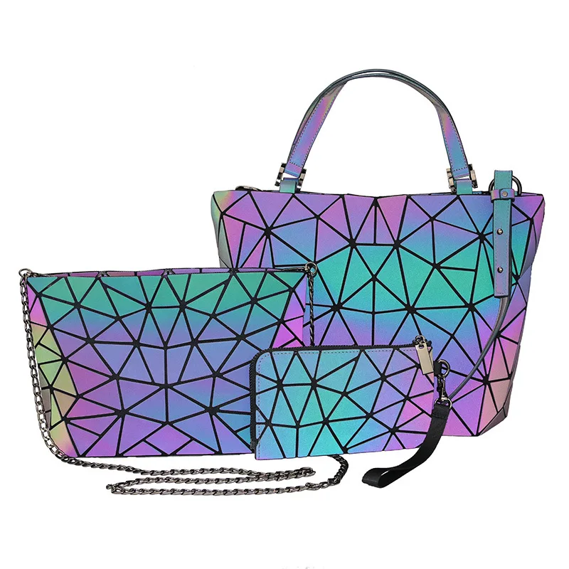 3 sets fashionable geometric diamond luminous women's bucket bag