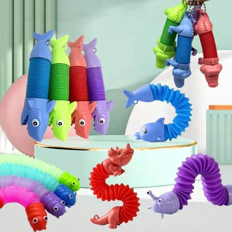 Kids Stretch Pop Tubes Fidget Spring Toys DIY Shark Pipes Flexible Mini Animal Key Chain Rainbow Sensory Tubes Toy