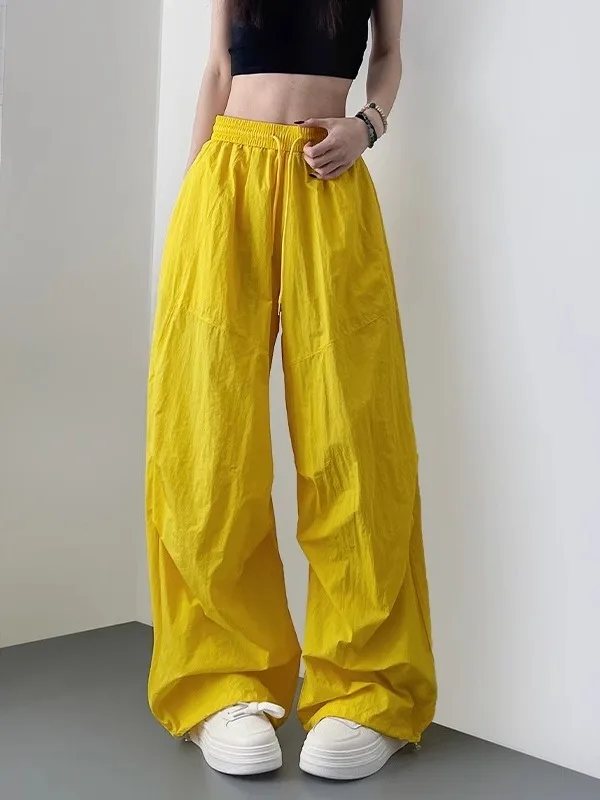 

Желтые рабочие брюки, женские летние легкие американские повседневные широкие брюки, спортивные брюки с высокой талией и деталями