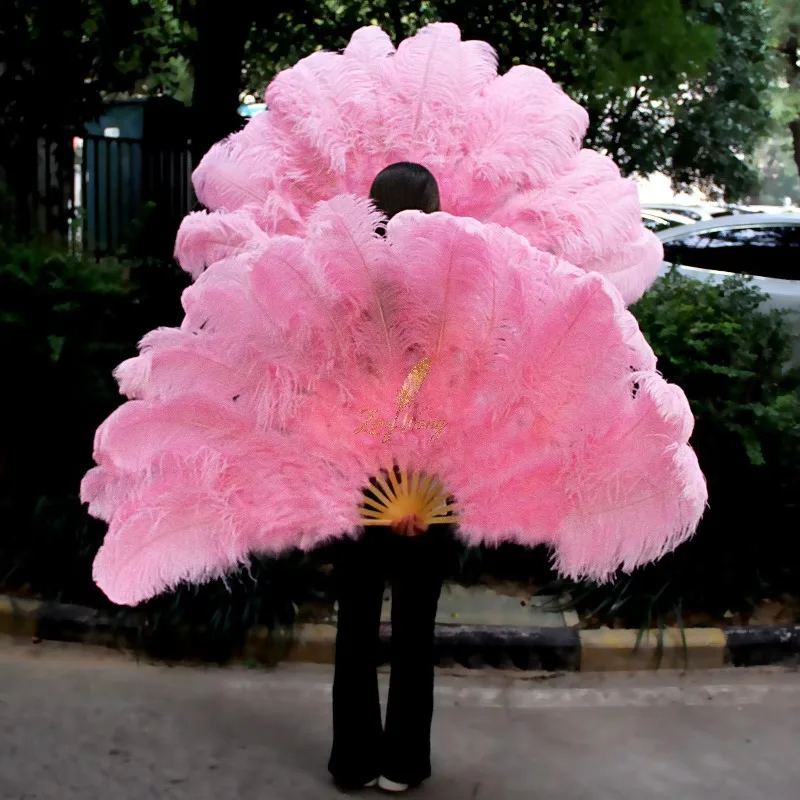 13 Strands Ostrich Feather Fan 55-60cm Feather & 160cm Spread,  Pink Ostrich Feather Fan for Wedding Party Stage Decoration