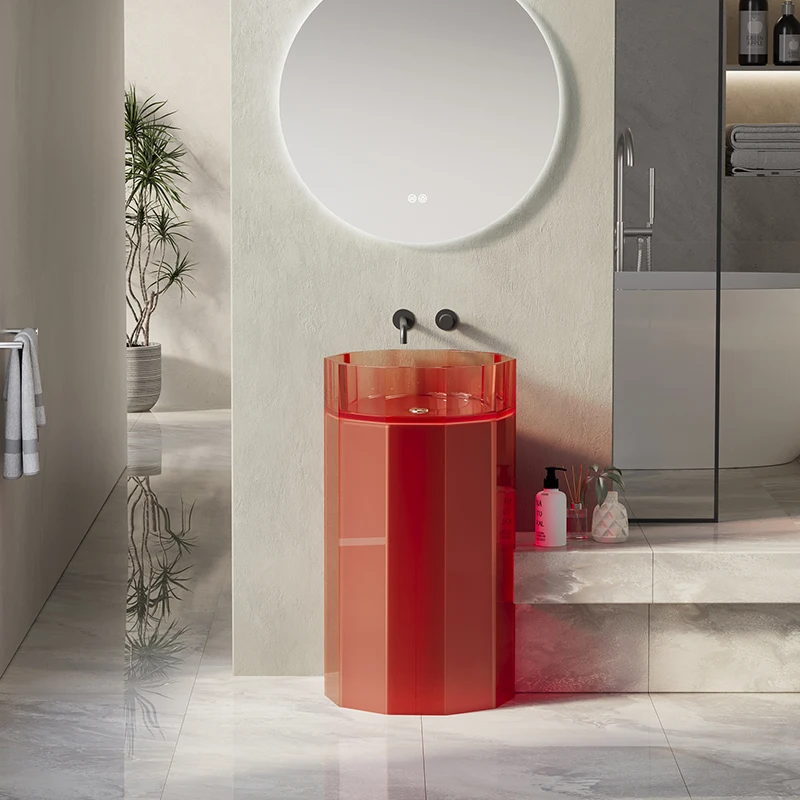Polygonal integrated style large capacity artistic column basin, semi transparent colored eco-friendly resin washbasin YX089DS