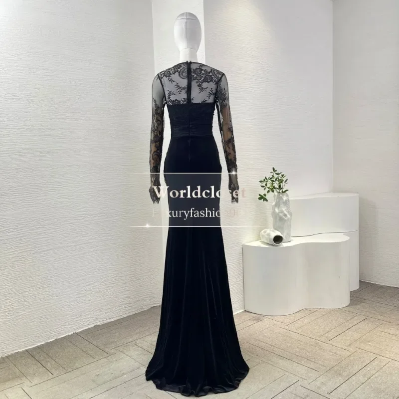 Women's Good Guality Black Diamonds Lace Patchwork Long Sleeve Cut Out Maxi Dress