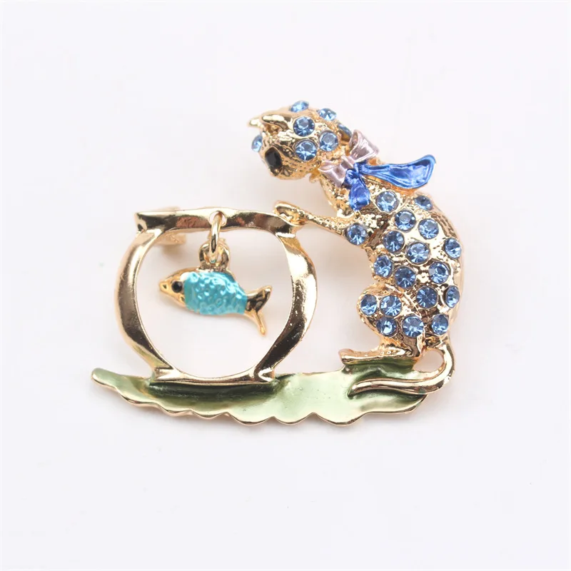 women men rhinestone cat fishing tank brooch cute animal pin jewelry