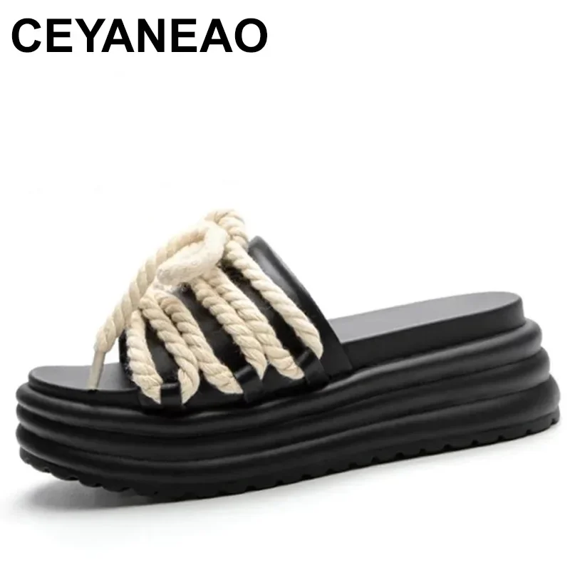 

Sisal Rope Deco 6cm Genuine Leather Women Breathable Slipper Summer Lady Sandal Fashion Chunky Platform Wedge Comfy Female Shoes