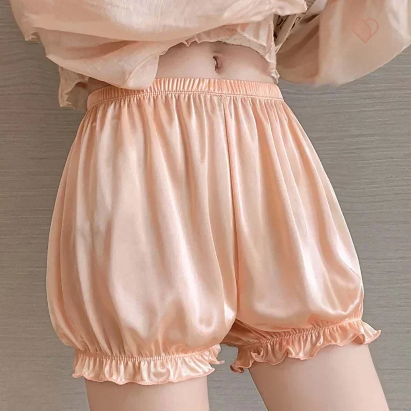 wowen Elegant Satin Pants Ice Silk Ruffled Pumpkin Design Spandex Material for Comfort Stretch Thin Leisure Home Sleeping Shorts