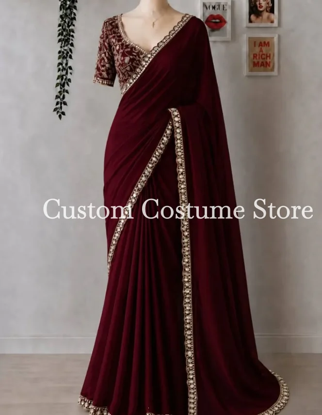 Burgundy Ethnic Wear Two Pieces Evening Party Dresses with Wrap Lehengas Indian Wedding Prom Formal Gown Outfit Customized