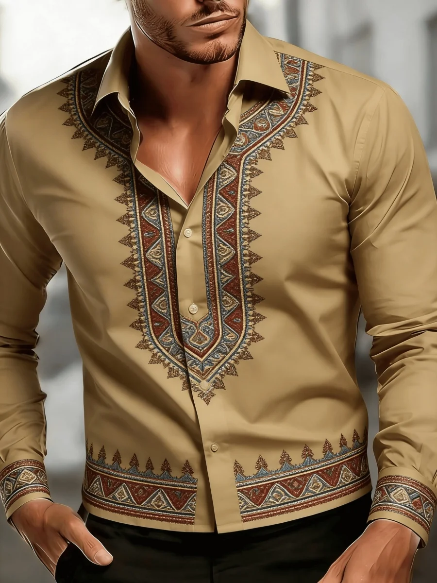 

New men's 3D high-definition printed retro ethnic style long-sleeved casual shirt, fashionable lapel top for spring and autumn,