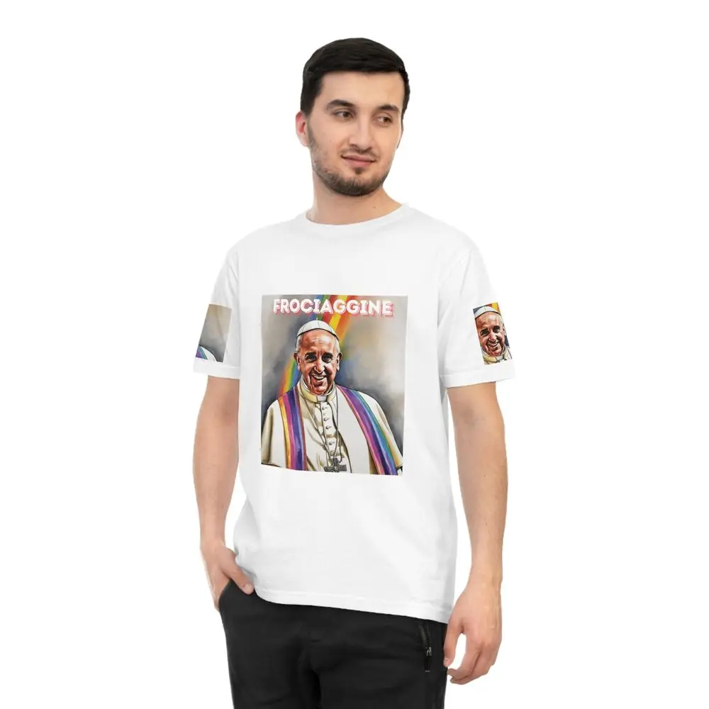 Unisex T-shirt drawing of pope francis as a gay rainbow pope artistic tee