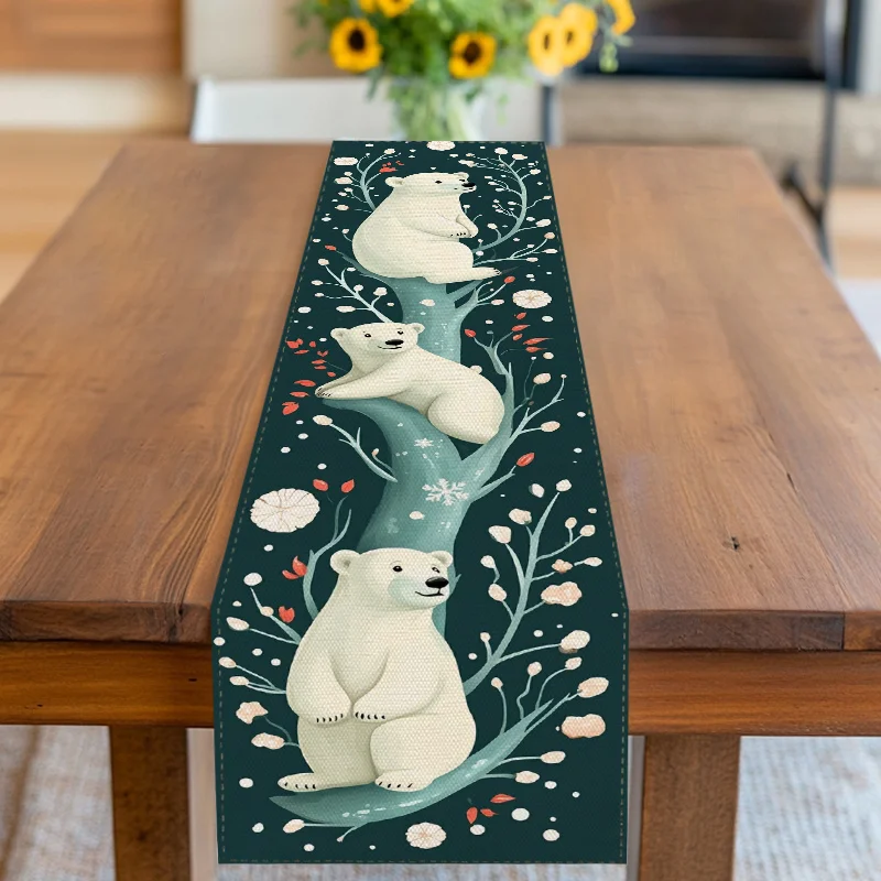 1 Piece of Scandinavian Style Cute Polar Bear Table Flag, Deep Background Painted with Polar Bear Climbing Tree, Flower and Snowflake Pattern, Suitable for Scandinavian Style Home, Kidsren's Room Decoration, Winter Party, Literary Cafe, Handicraft Market, Family Restaurant, Natural Theme Tea Party, B&B Soft Decoration