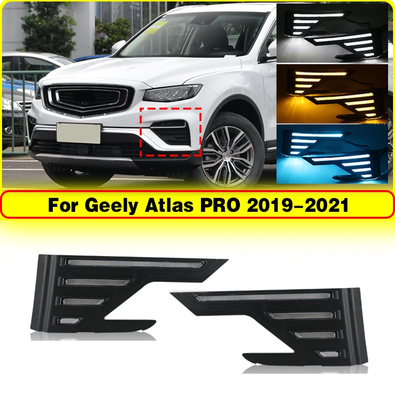 Автомобильные светодиодные DRL дневные ходовые огни для Geely Atlas PRO 2019 2020 2021, желтый указатель поворота, крышка противотуманной фары
