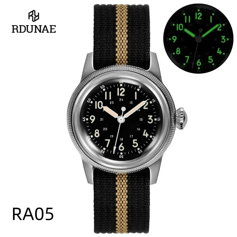 RDUNAE RA05 Vintage Military Watch 2035 Movement Quartz K1 Mineral Glass Crystal Stainless Steel Luminous Watches for Men