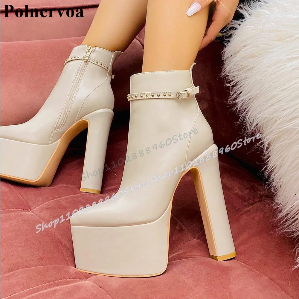 

Beige Leather Buckle Strip Platform Pointy Boots Chunky High Heel Shoes For Women Side Zipper Pointed Toe Casual Party Boots