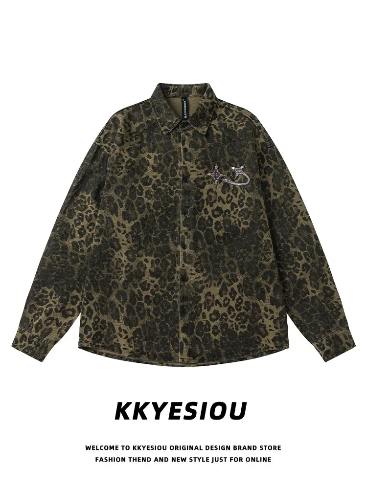 

KKyesiou Leopard Print Long Sve irt Oversize BF Sle Couple Jaet Men Women Casual Spring Cotton Faion Design