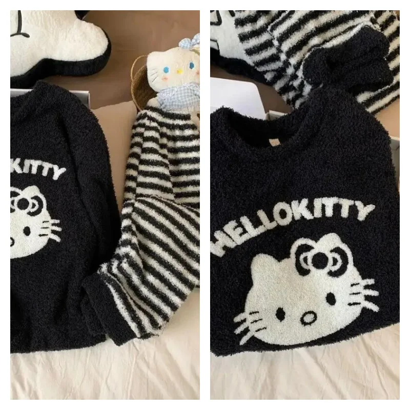 

Пижамы Hello Kitty для женщин, зимние, из полуплюша, милые, с круглым вырезом, свободные, теплые, домашняя одежда, повседневная одежда для сна, комплект в стиле кавайи.