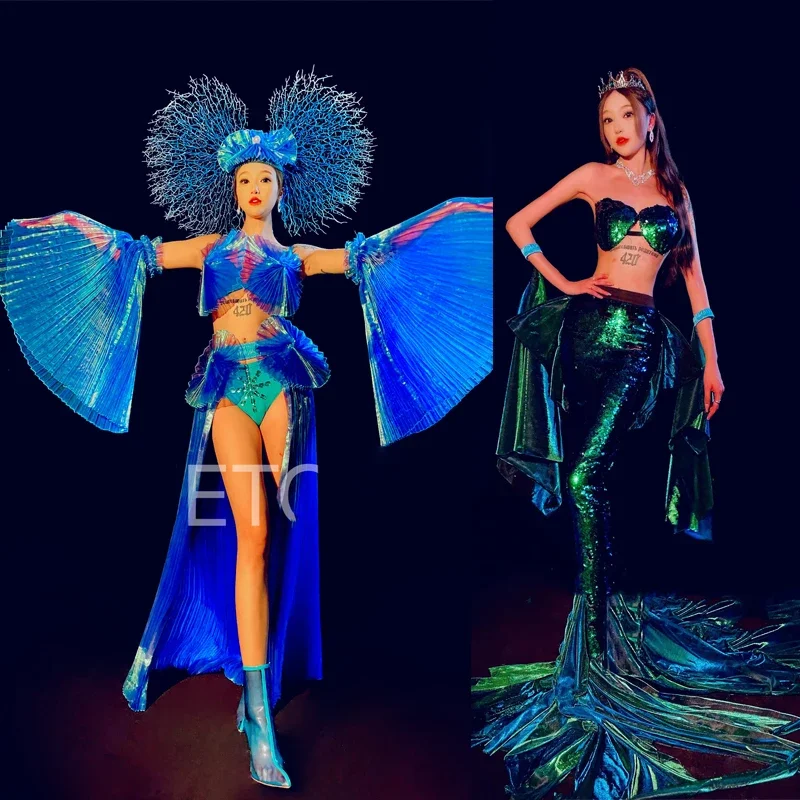 Halloween New Nightclub Female Singer Stage Costumes Ocean Style Party Suit Female Fairy Elegant Evening Festival Rave Outfits